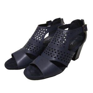 Easy Street | Adara Navy Faux Leather Perforated Block Heel Sandals | Size 9.5